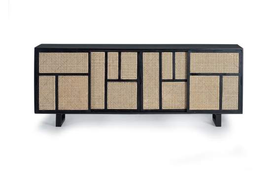 Aparador 4 Puertas Correderas Negro Rejilla Rattan Atenea