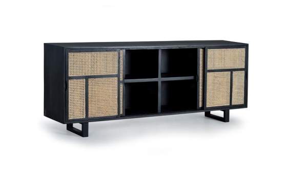 Aparador 4 Puertas Correderas Negro Rejilla Rattan Atenea