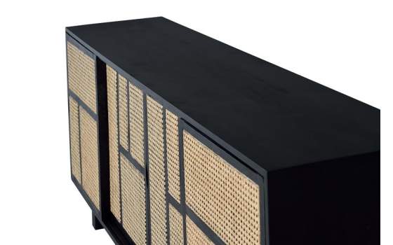 Aparador 4 Puertas Correderas Negro Rejilla Rattan Atenea