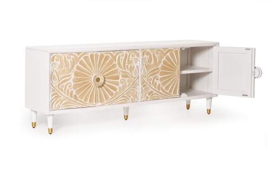 Aparador Buffet 4 Puertas Talladas Madera Natural  Blanco Adrual