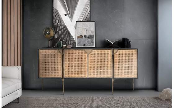 Aparador Contemporaneo Madera Rejilla y Acero Dorado Arambel