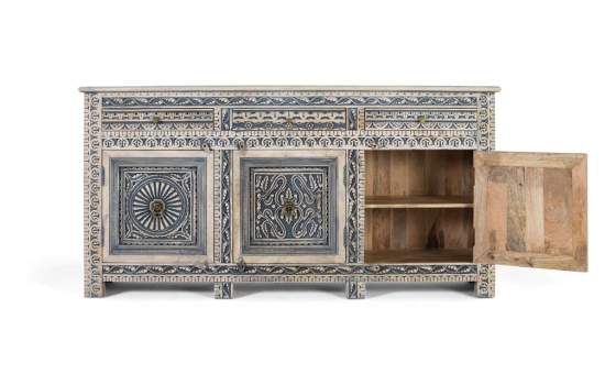 Aparador Etnico Grande Tallado Azulon 3 Puertas 3 Cajones Aclest