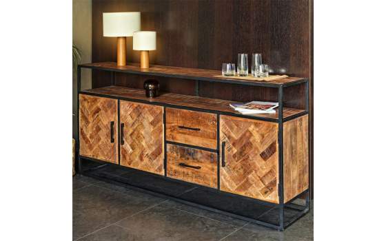 Aparador Industrial Acacia y Acero 3 Puertas 2 Cajones Delhi