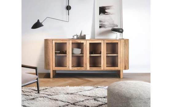 Aparador Madera Maciza Acacia 4 Puertas Cristal Serie Alfero