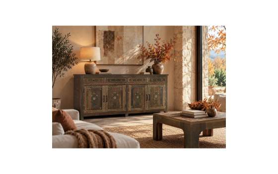Aparador Oriental Rustico 4 Puertas 4 Cajones - Serie Agarden