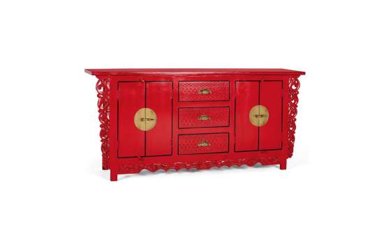 Aparador Oriental Vintage Rojo 4 Puertas 3 Cajones Aeriast