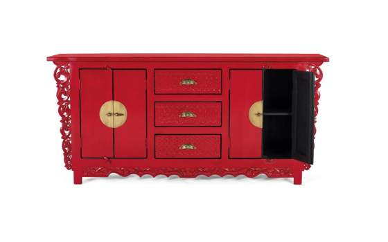 Aparador Oriental Vintage Rojo 4 Puertas 3 Cajones Aeriast