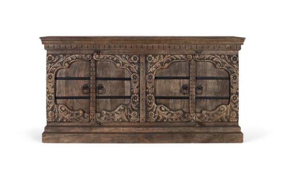 Aparador Rustico 4 Puertas Talladas Color Nogal Serie Acebal