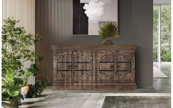 Aparador Rustico 4 Puertas Talladas Color Nogal Serie Acebal