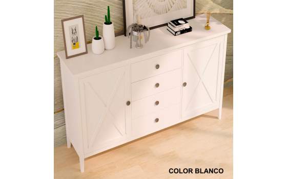 Aparador Salon Provenzal Blanco 2 Puertas Cruz 4 Cajones Adismu