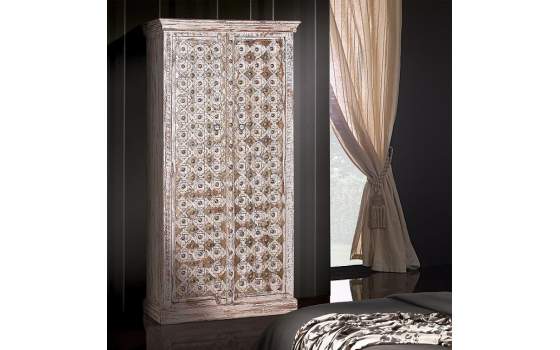 Armario Oriental 2 Puertas Madera Tallada Blanco Decape Banjala