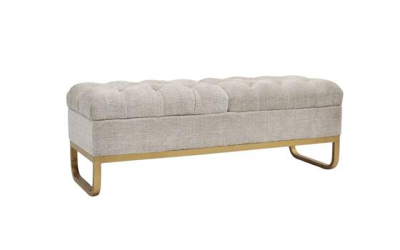 Banco Baul Descalzadora Tapizado Beige Patas Oro Serie Amandi