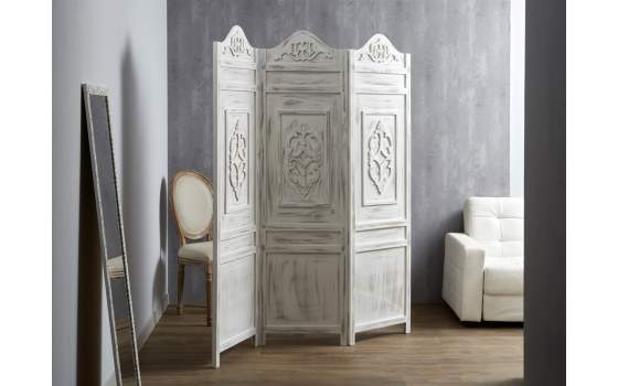 Biombo 3 Hojas Madera Blanco Envejecido Serie Ajardi