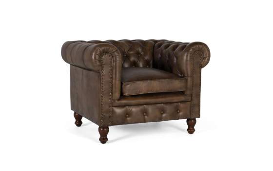 Butaca Sillon 1 Plaza Chester Madera Piel Marron Serie Alduan