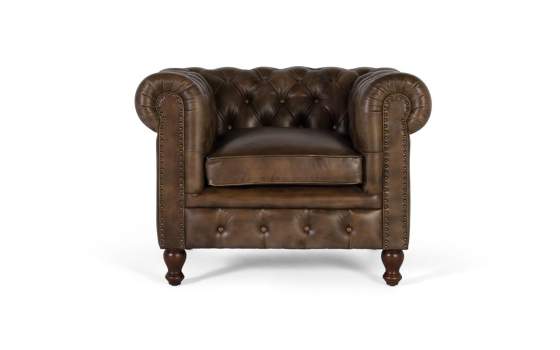 Butaca Sillon 1 Plaza Chester Madera Piel Marron Serie Alduan