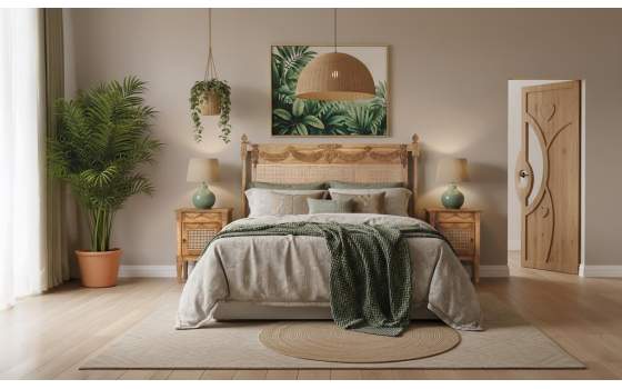 Cabecero Clasico Tallado Cama 150 Madera Teca y Rattan Amoest