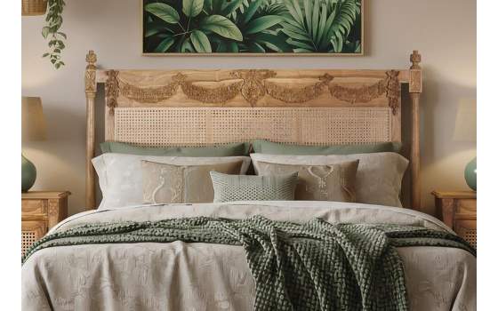 Cabecero Clasico Tallado Cama 150 Madera Teca y Rattan Amoest