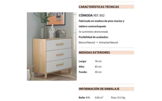 Comoda  3 Cajones 2 Acabados Oslo Serie Arredas