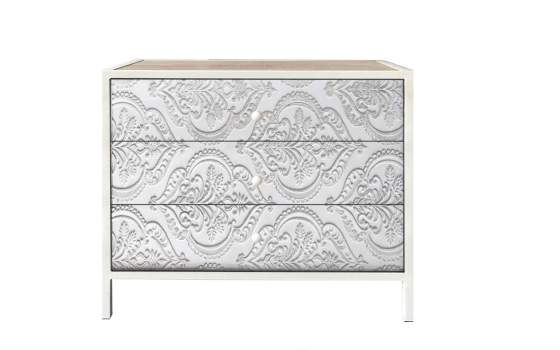 Comoda 3 Cajones Tallados Madera Metal Blanco Industrial Aljaro