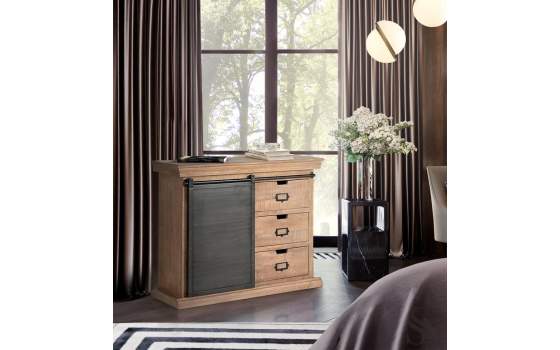 Comoda 4 Cajones 1 Puerta Corredera Madera Acero Serie Darkon