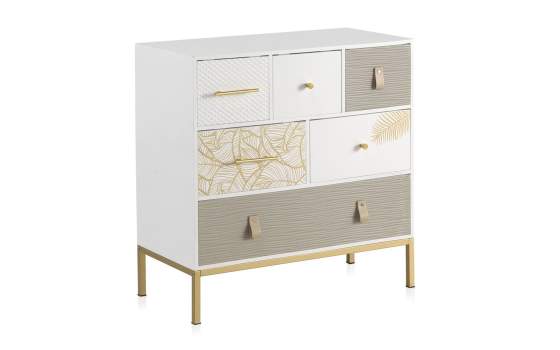 Comoda 6 Cajones Decorados Patas Oro Estilo Actual Gold White