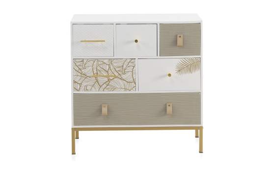 Comoda 6 Cajones Decorados Patas Oro Estilo Actual Gold White