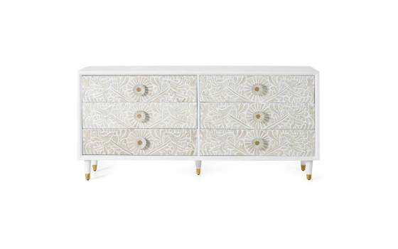Comoda Aparador 6 Cajones Tallados Madera Natural  Blanco Adrual