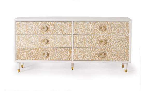 Comoda Aparador 6 Cajones Tallados Madera Natural  Blanco Adrual