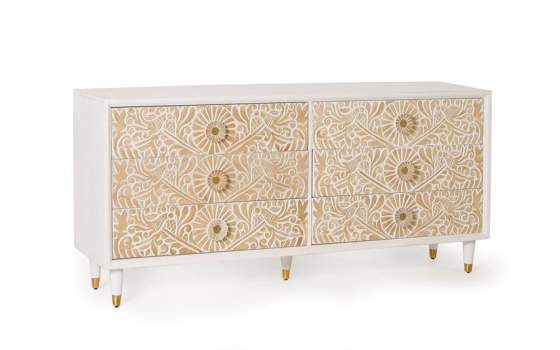 Comoda Aparador 6 Cajones Tallados Madera Natural  Blanco Adrual