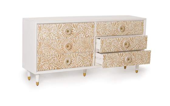 Comoda Aparador 6 Cajones Tallados Madera Natural  Blanco Adrual