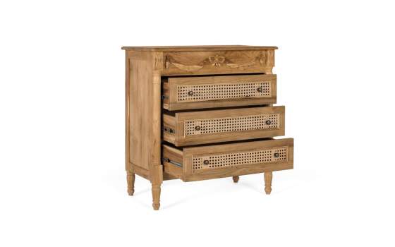 Comoda Clasica Tallada 3 Cajones Madera Teca y Rattan Amoest