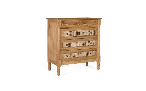 Comoda Clasica Tallada 3 Cajones Madera Teca y Rattan Amoest
