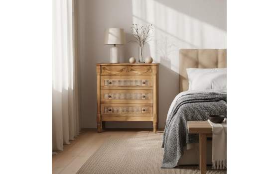 Comoda Clasica Tallada 3 Cajones Madera Teca y Rattan Amoest