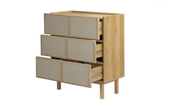 Comoda de Dormitorio 3 Cajones Frontal Tela Roble Serie Sinclair