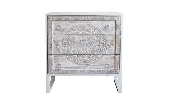 Comoda Dormitorio 3 Cajones Tallados en Blanco Decape Hanif
