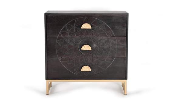 Comoda Dormitorio 3 Cajones Tallados Estilo Etnico Serie Aixis