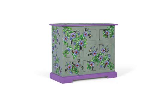 Comoda Pequeña Gris 9 Cajones Decorados con Flores Serie Alverit