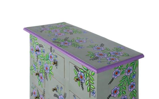 Comoda Pequeña Gris 9 Cajones Decorados con Flores Serie Alverit