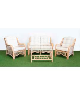 Conjunto 2 Sillones 1 Sofa Mesa Rattan Blanco Patina Juncalet