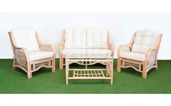 Conjunto 2 Sillones 1 Sofa Mesa Rattan Blanco Patina Juncalet