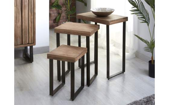 Conjunto de 3 Mesa Nido Madera Acacia y Forja Arlankan