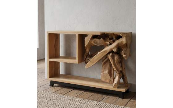 Consola Recibidor Rustica Madera y Raiz de Teca - Serie Arceda