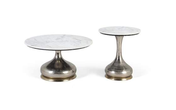 Juego 2 Mesas Velador Marmol Base Aluminio Serie Basei