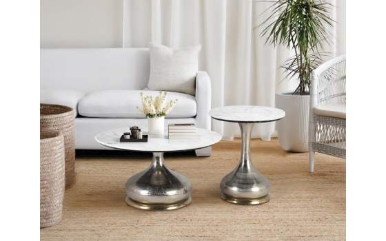 Juego 2 Mesas Velador Marmol Base Aluminio Serie Basei