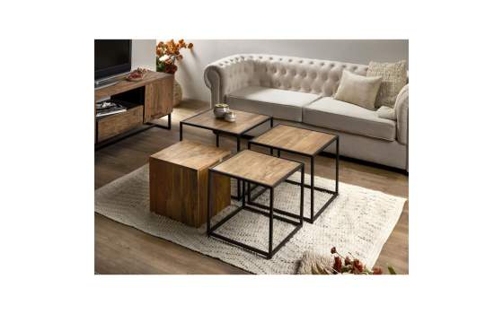 Juego 4 Mesas Auxiliares Madera Acacia Metal Serie Avirin