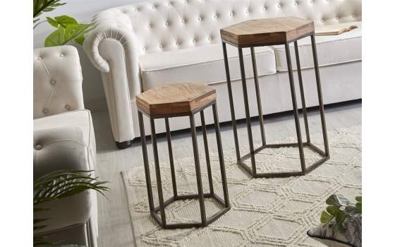 Juego de 2 Mesa Hexagonales Madera Acacia y Forja Arlankan