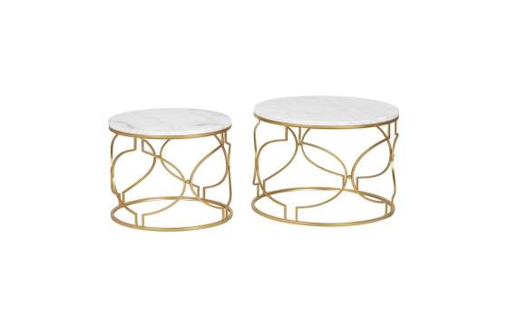 Juego de 2 Mesas Redondas Marmol Y Metal Oro Serie Alagon