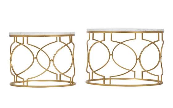 Juego de 2 Mesas Redondas Marmol Y Metal Oro Serie Alagon