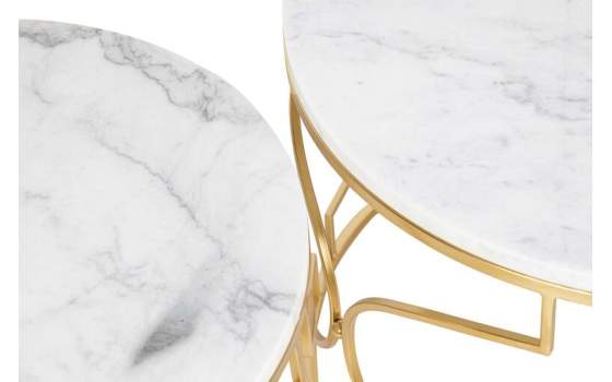 Juego de 2 Mesas Redondas Marmol Y Metal Oro Serie Alagon