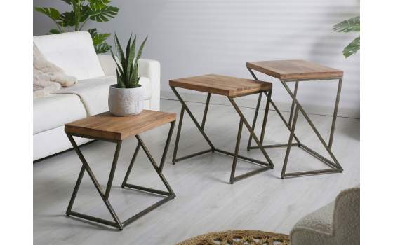 Juego de 3 Mesa Nido Madera Acacia y Forja Serie Arlankan